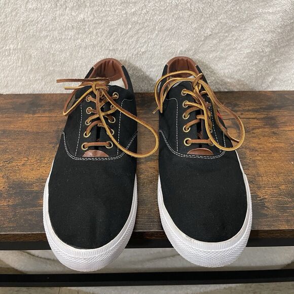 Polo Ralph Lauren Vaughn Mens Shoes 13D Black Canvas Leather Lace Preppy Low Top - Picture 4 of 16